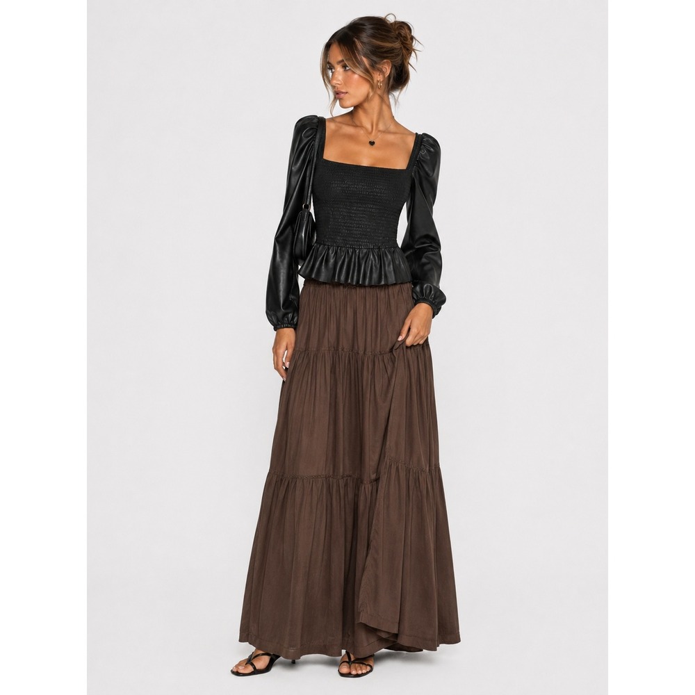 AQUA‎ Black Faux Leather Smocked Top Renaissance Festival Puff Sleeve S New